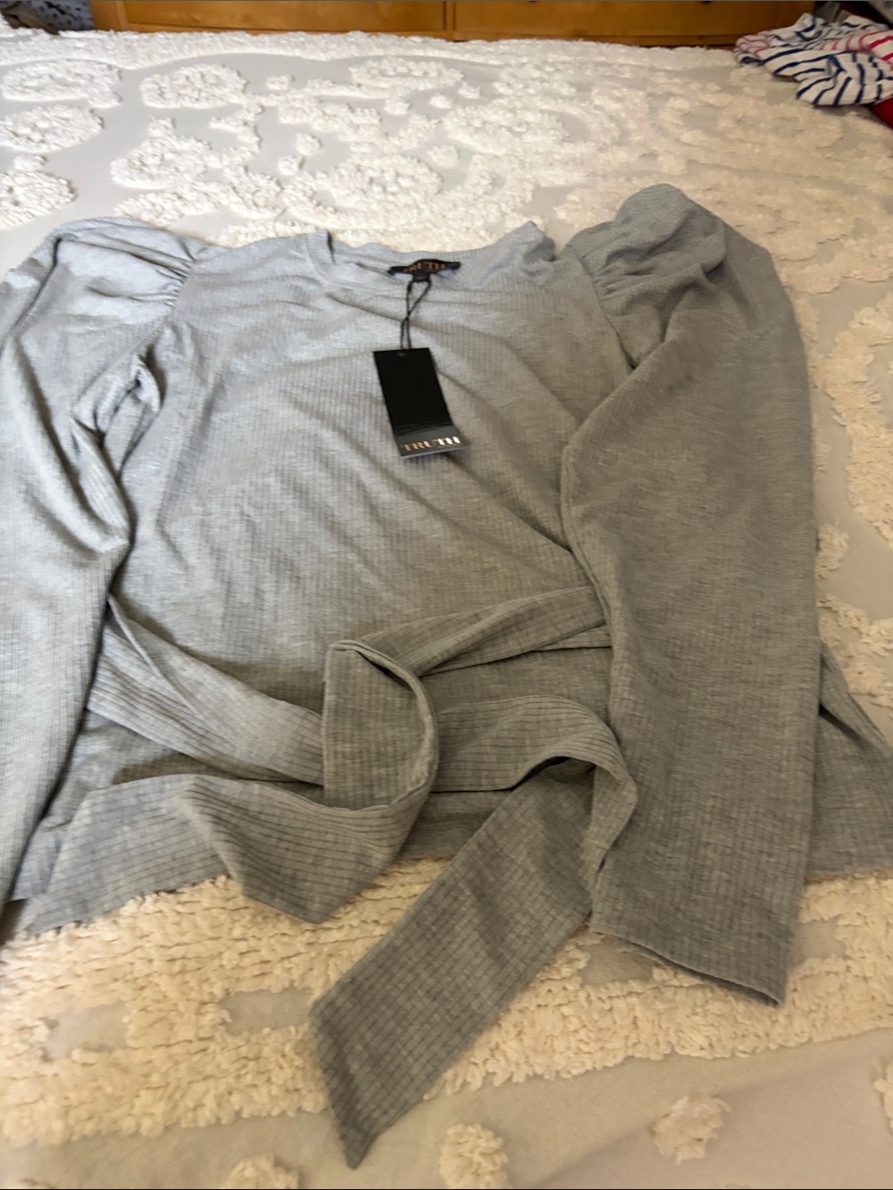 Women’s Light Gray Ribbed Crewneck Sweater with Waist Tie